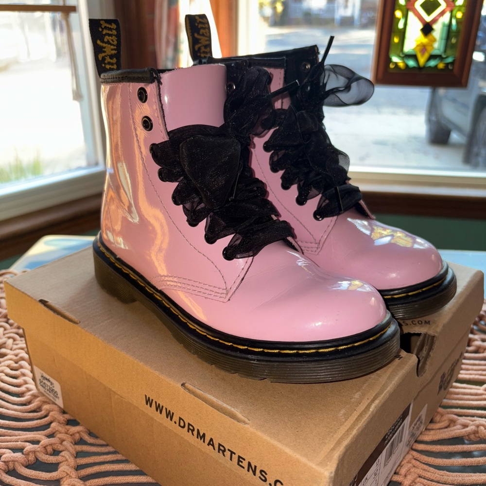 Dr. Martens Kids Pink Boots with Black Ribbon Laces